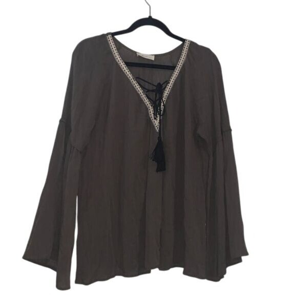 Millibon USA Womens L Boho V-Neck Lace-Up Blouse Brown 100% Rayon - Picture 1 of 10